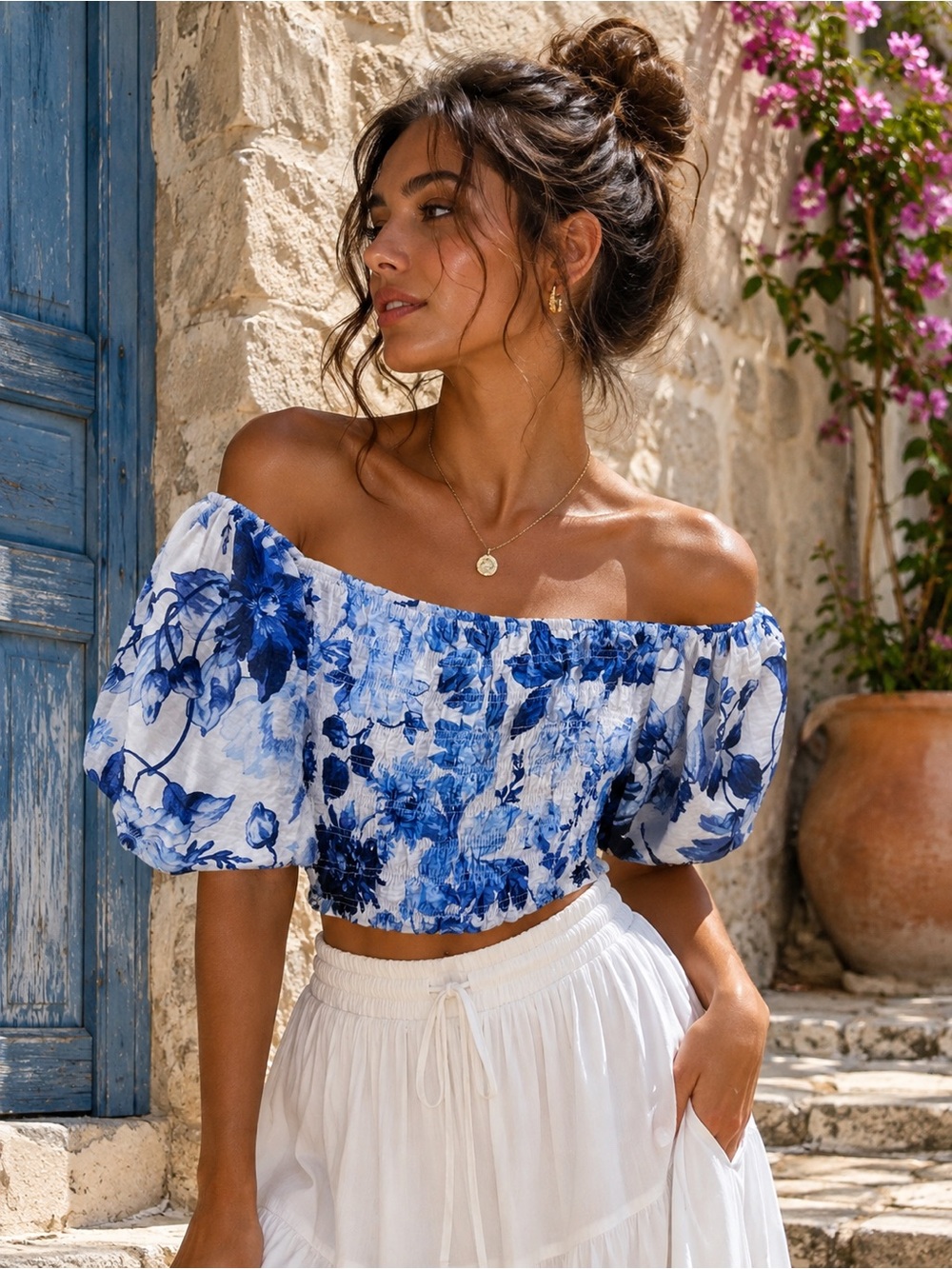 H&M Blue & White Floral Smocked Off The Shoulder Crop Top Size S